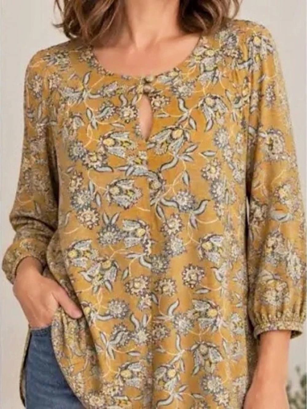 J. Jill Floral Keyhole Blouse in Yellow XL Like New